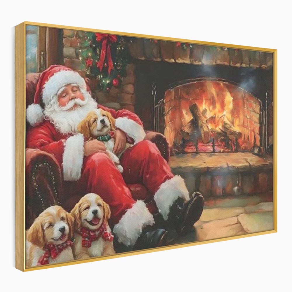 Tablou canvas cu mos craciun dormind cu catei langa semineu, in rama de aluminiu auriu